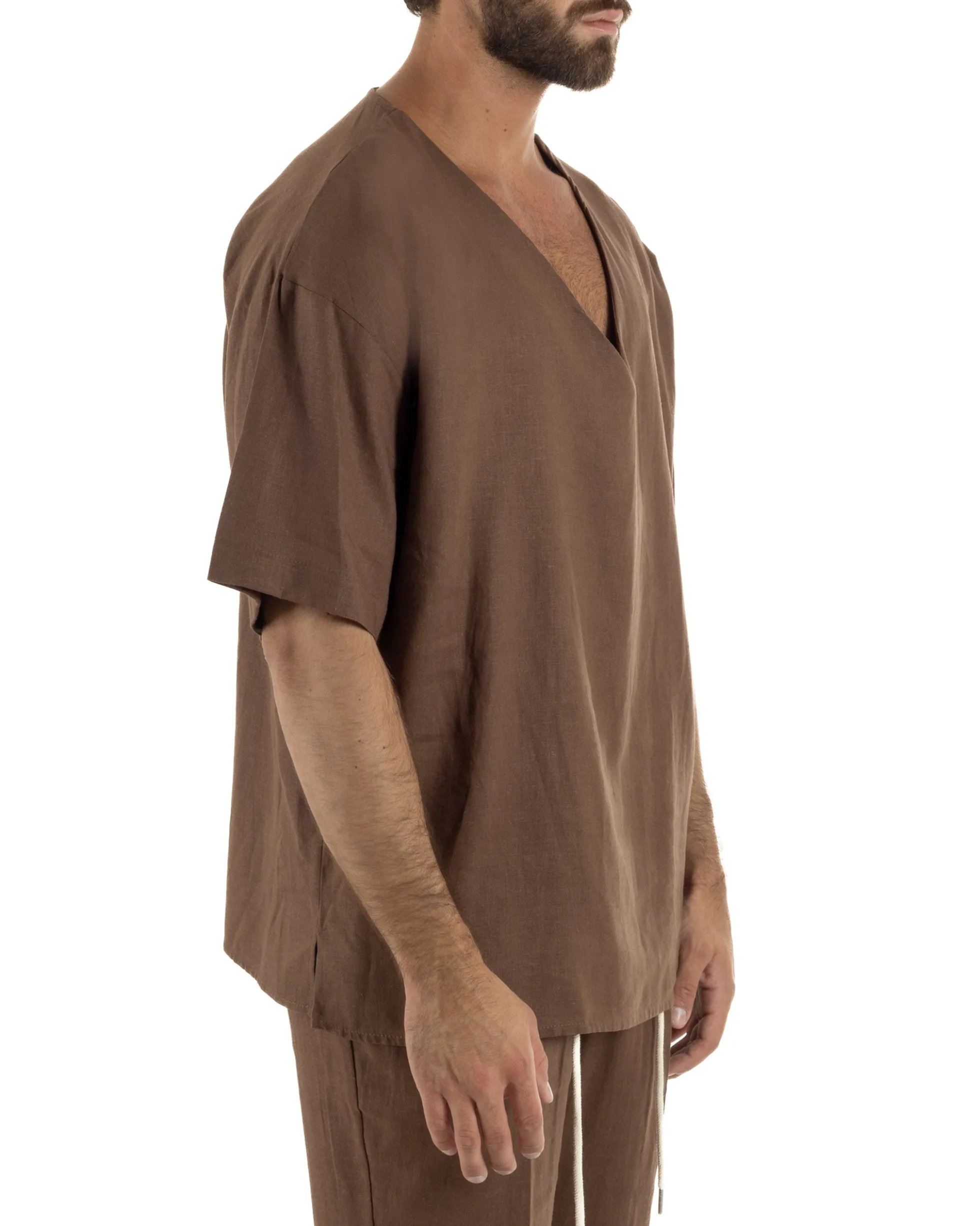 T-shirt casacca uomo lino over fit con scollo a v profondo marrone GIOSAL-TS3277A