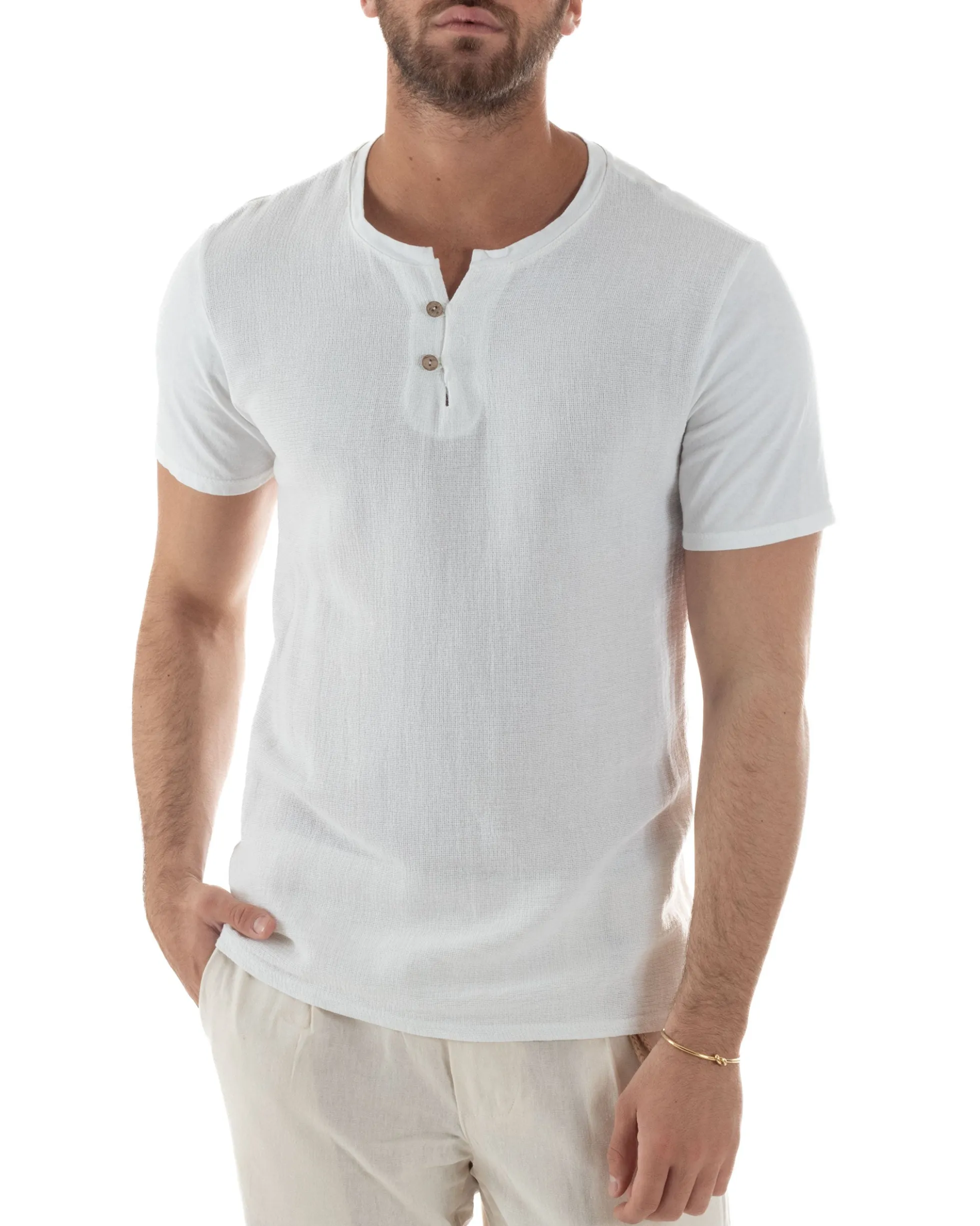 T-shirt serafino maglia cotone bottoncini bianco GIOSAL-TS3121A