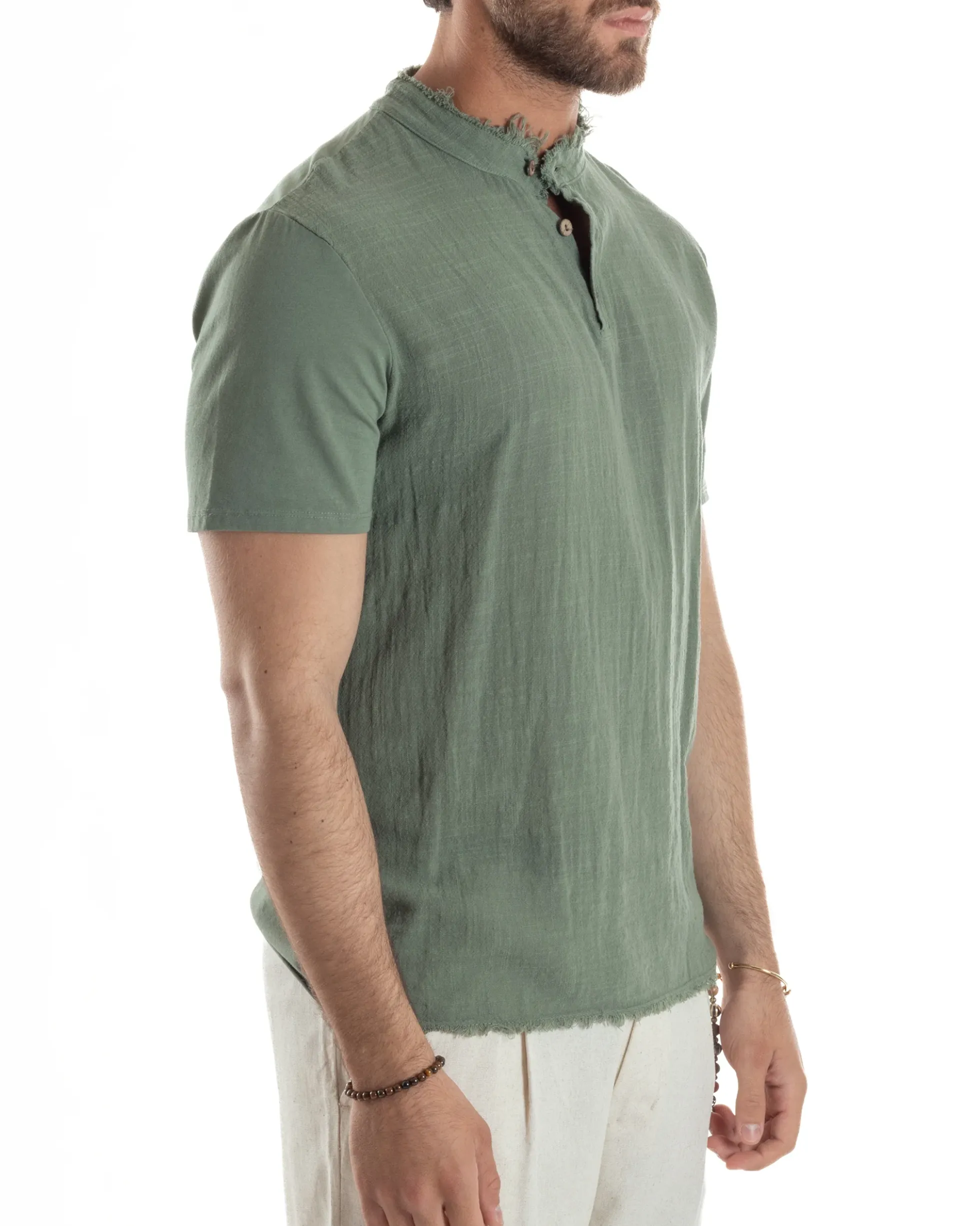 T-shirt Serafino Taglio Vivo Collo Coreano Sfrangiato Verde GIOSAL-TS3141A