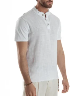 T-shirt Serafino Taglio Vivo Collo Coreano Sfrangiato Bianco GIOSAL-TS3142A