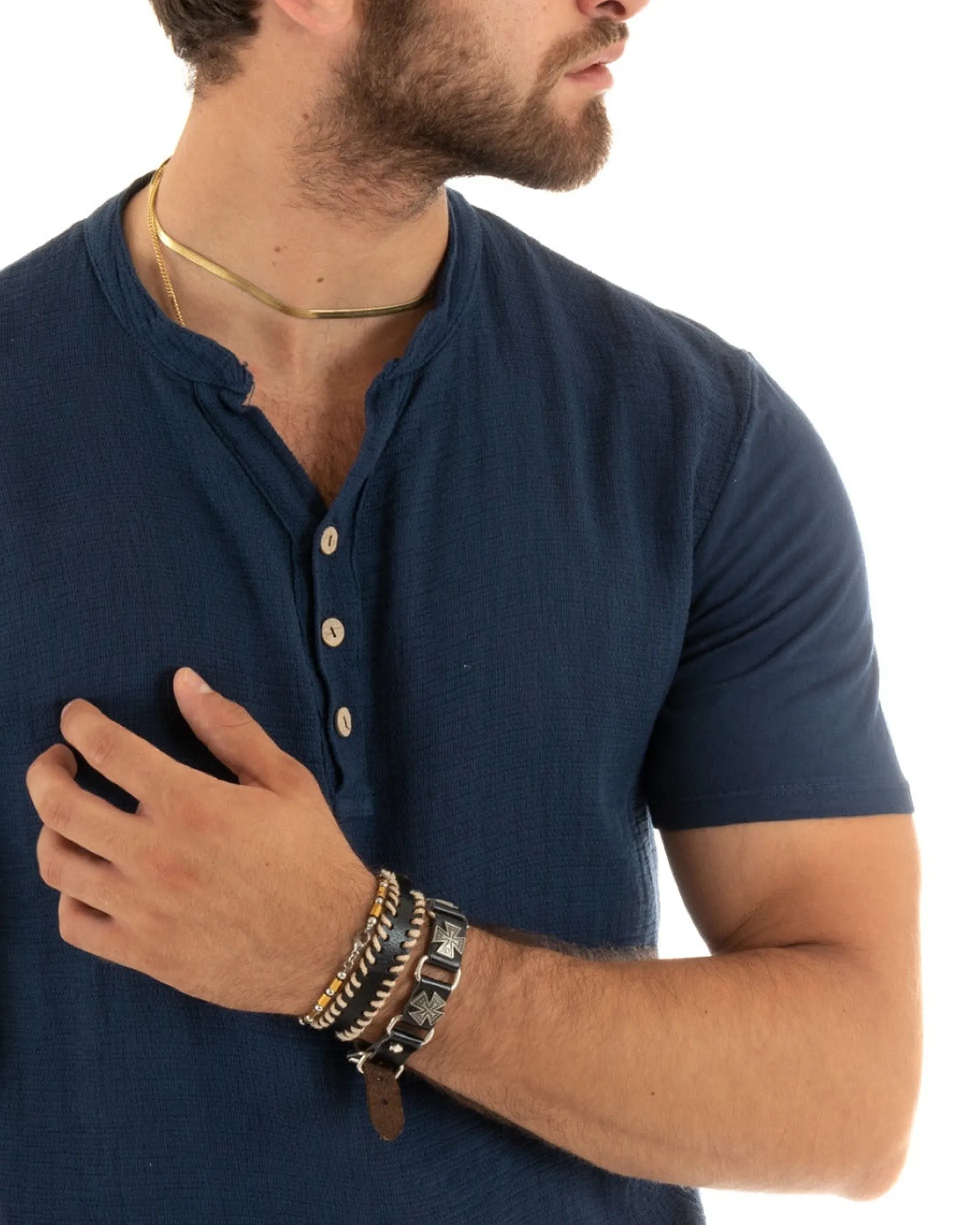 T-shirt Uomo Collo Serafino Bottoni Tinta Unita Maniche Corte Cotone Blu Casual GIOSAL-TS2959A
