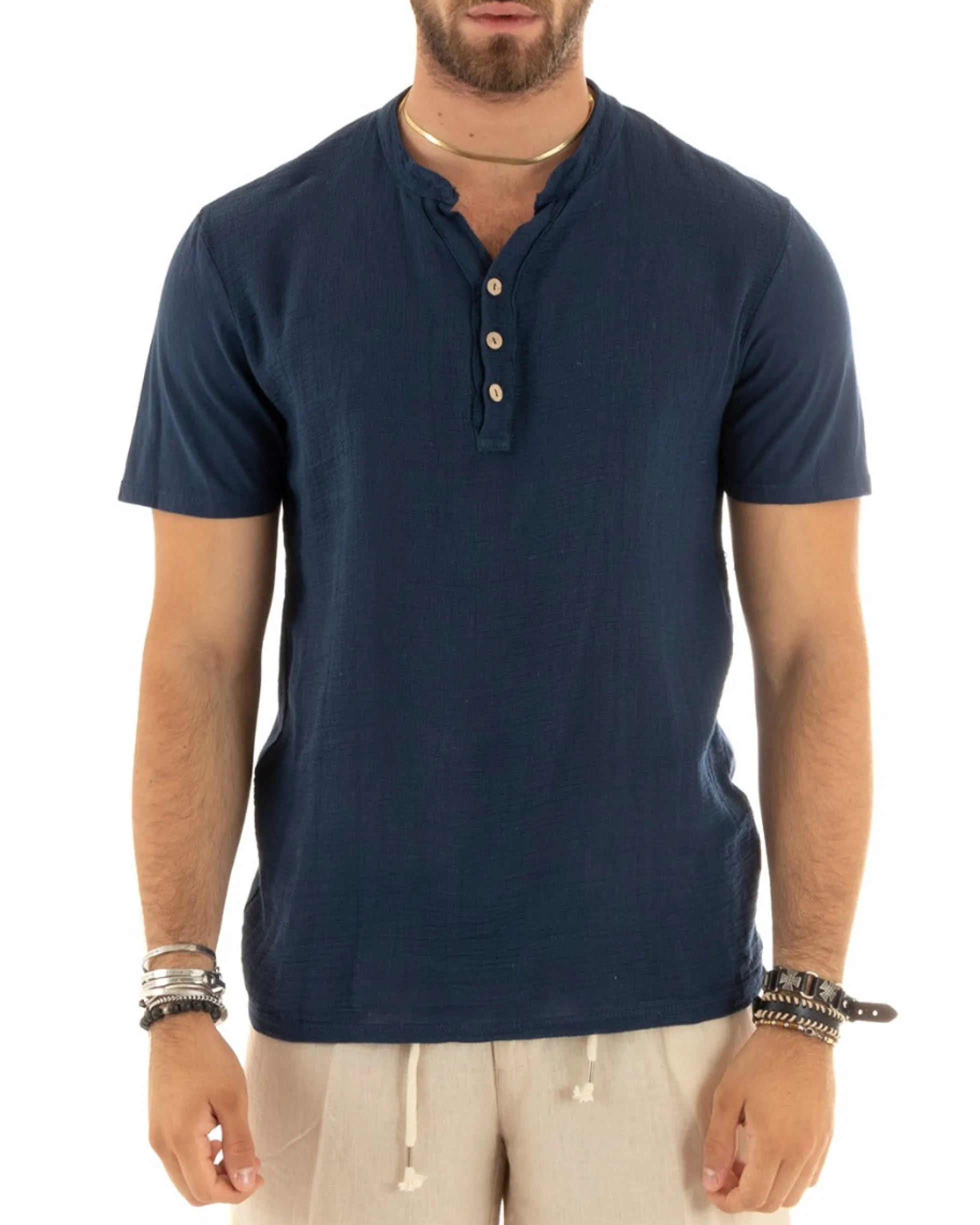 T-shirt Uomo Collo Serafino Bottoni Tinta Unita Maniche Corte Cotone Blu Casual GIOSAL-TS2959A