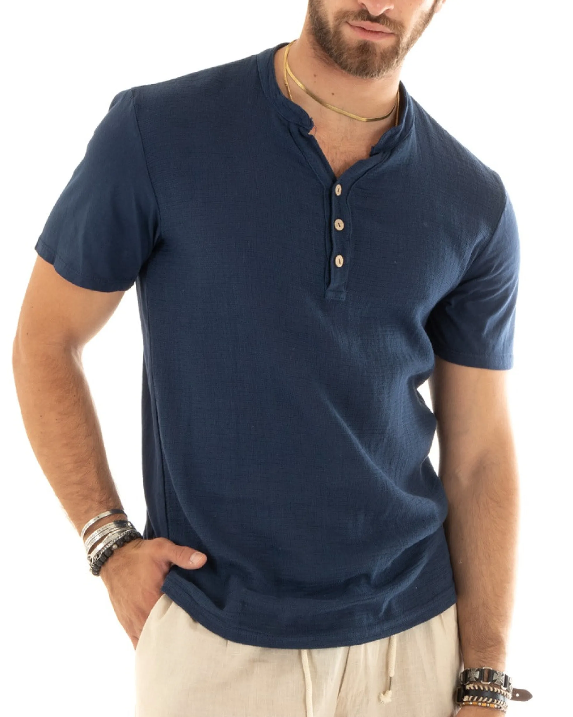T-shirt Uomo Collo Serafino Bottoni Tinta Unita Maniche Corte Cotone Blu Casual GIOSAL-TS2959A