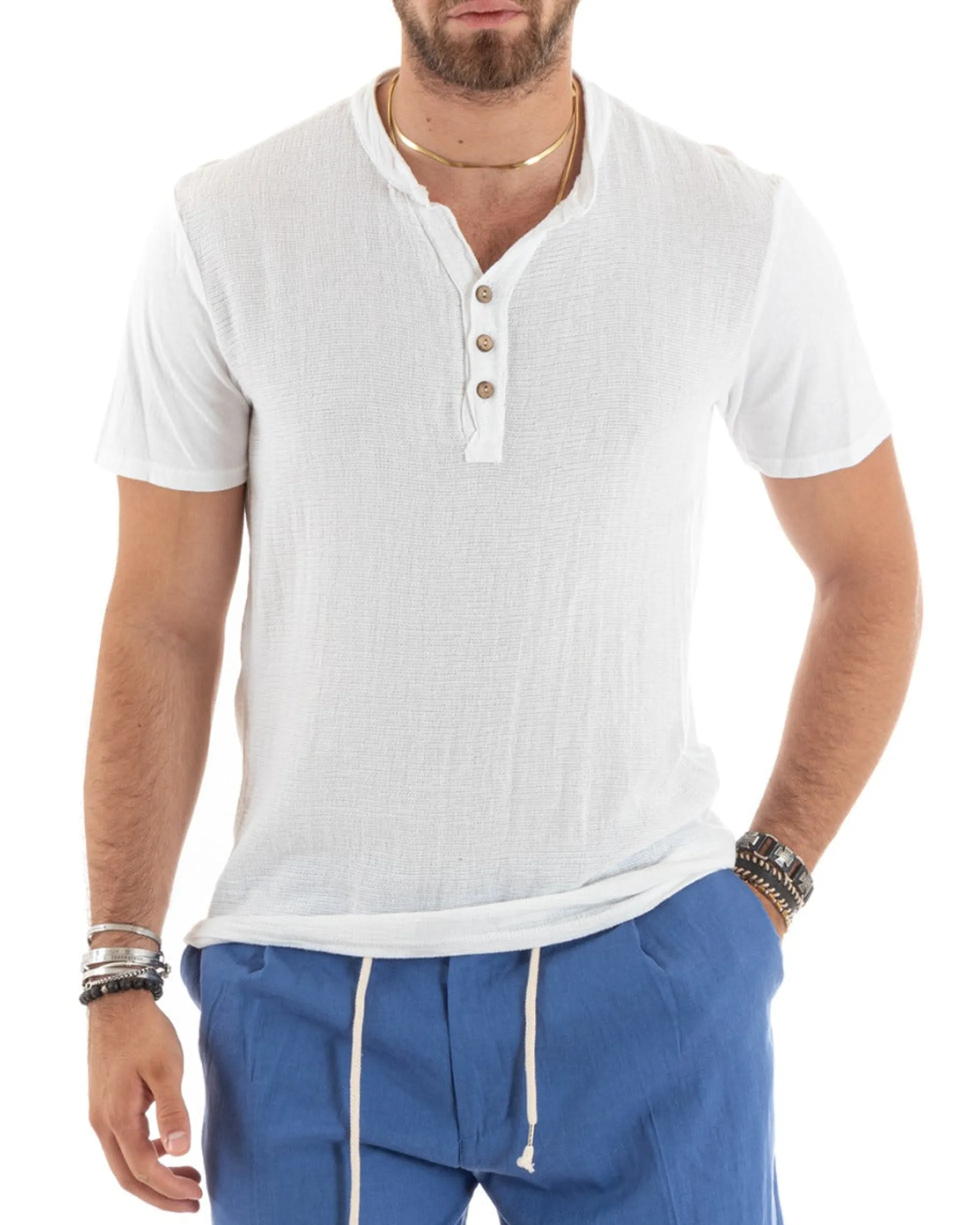 T-shirt Uomo Collo Serafino Bottoni Tinta Unita Maniche Corte Cotone Bianca Casual GIOSAL-TS2957A