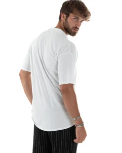 T-Shirt Uomo Cotone Regular Fit Collo Alla Coreana Con Laccio Scollo A V Casual Tinta Unita Bianco GIOSAL-TS3066A