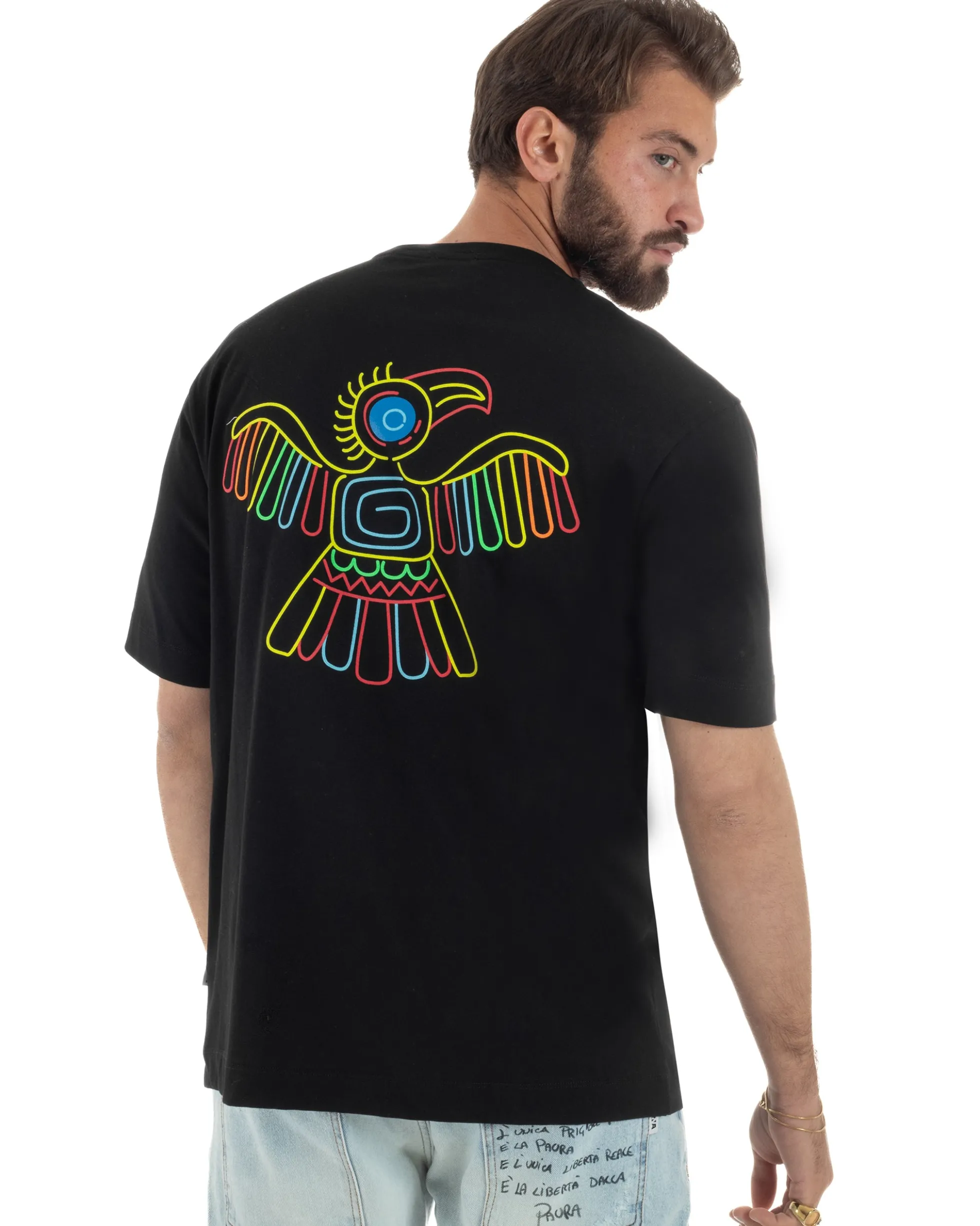 T-shirt uomo cotone stampa aquila atzeca nero BERNA M-261078