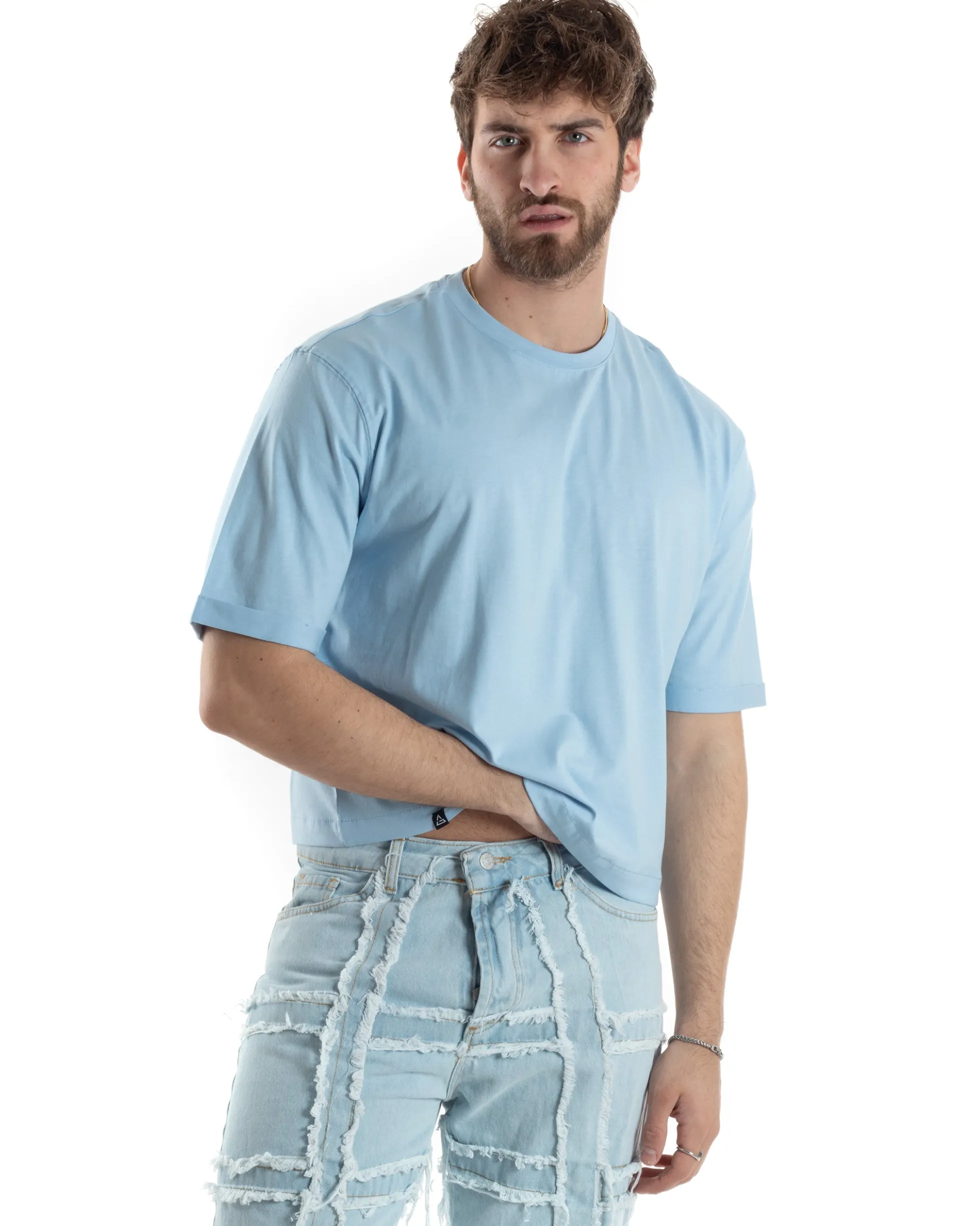 T-shirt Uomo Cropped Corta Boxy Fit Tinta Unita Celeste TS3006A