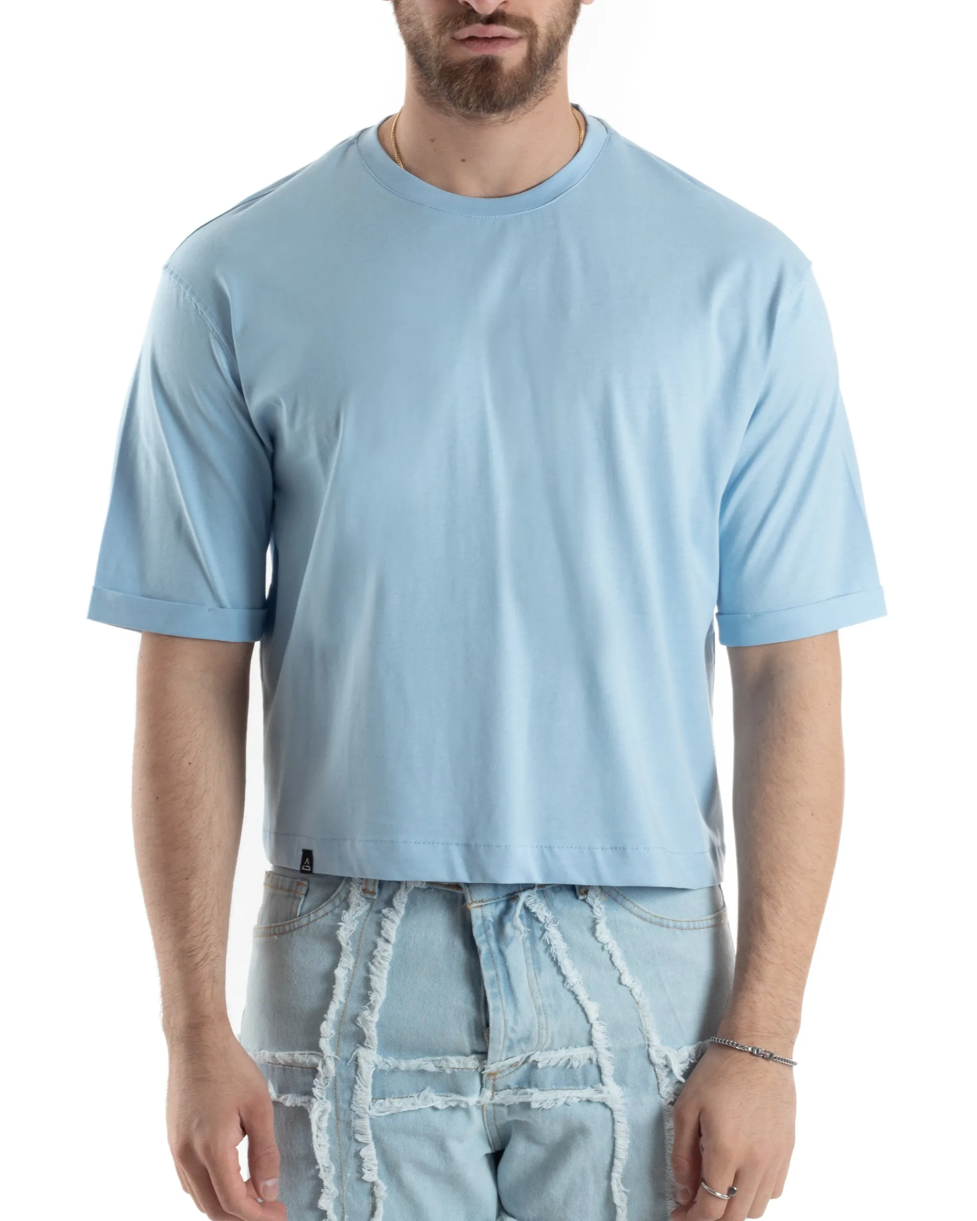 T-shirt Uomo Cropped Corta Boxy Fit Tinta Unita Celeste TS3006A