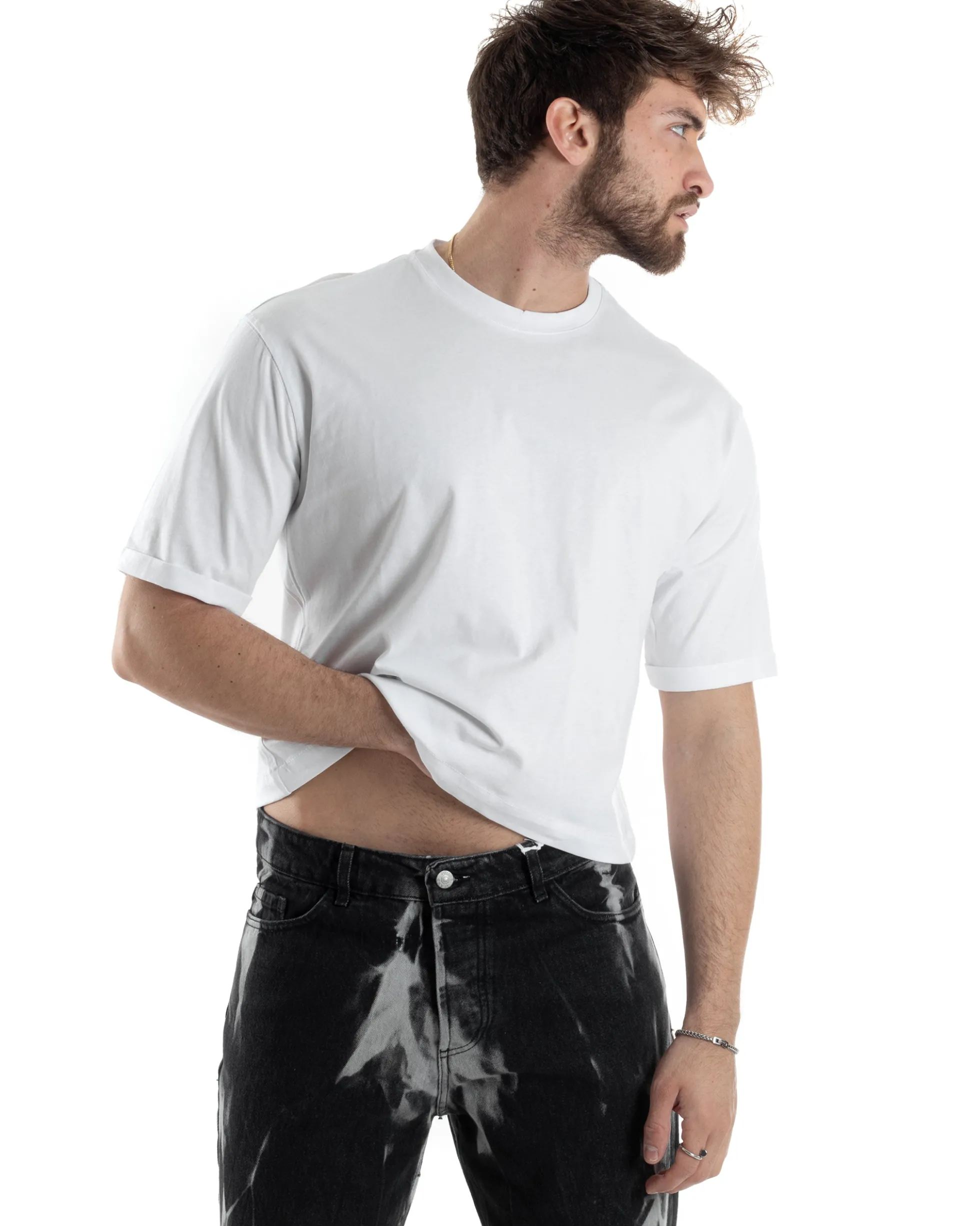 T-shirt Uomo Cropped Corta Boxy Fit Tinta Unita Bianco TS3004A