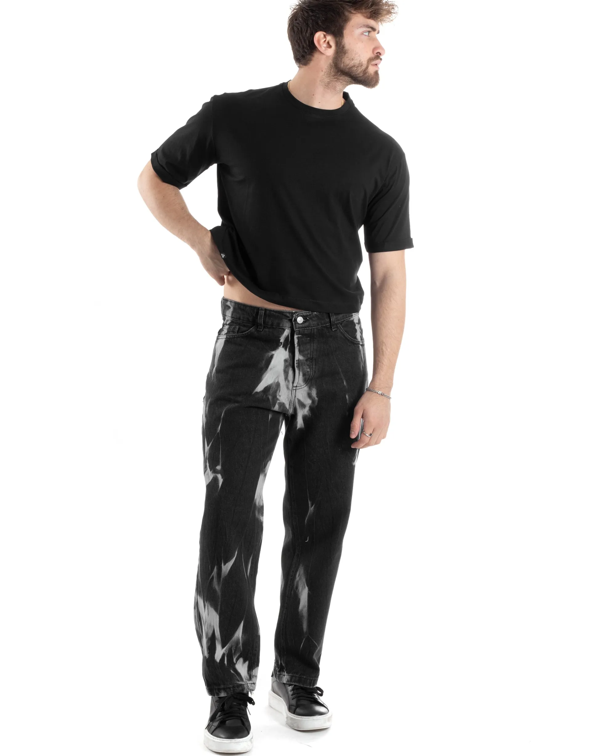 T-shirt Uomo Cropped Corta Boxy Fit Tinta Unita Nero TS3010A