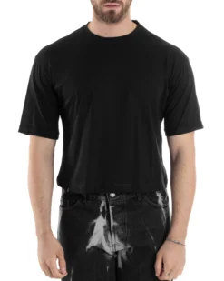 T-shirt Uomo Cropped Corta Boxy Fit Tinta Unita Nero TS3010A