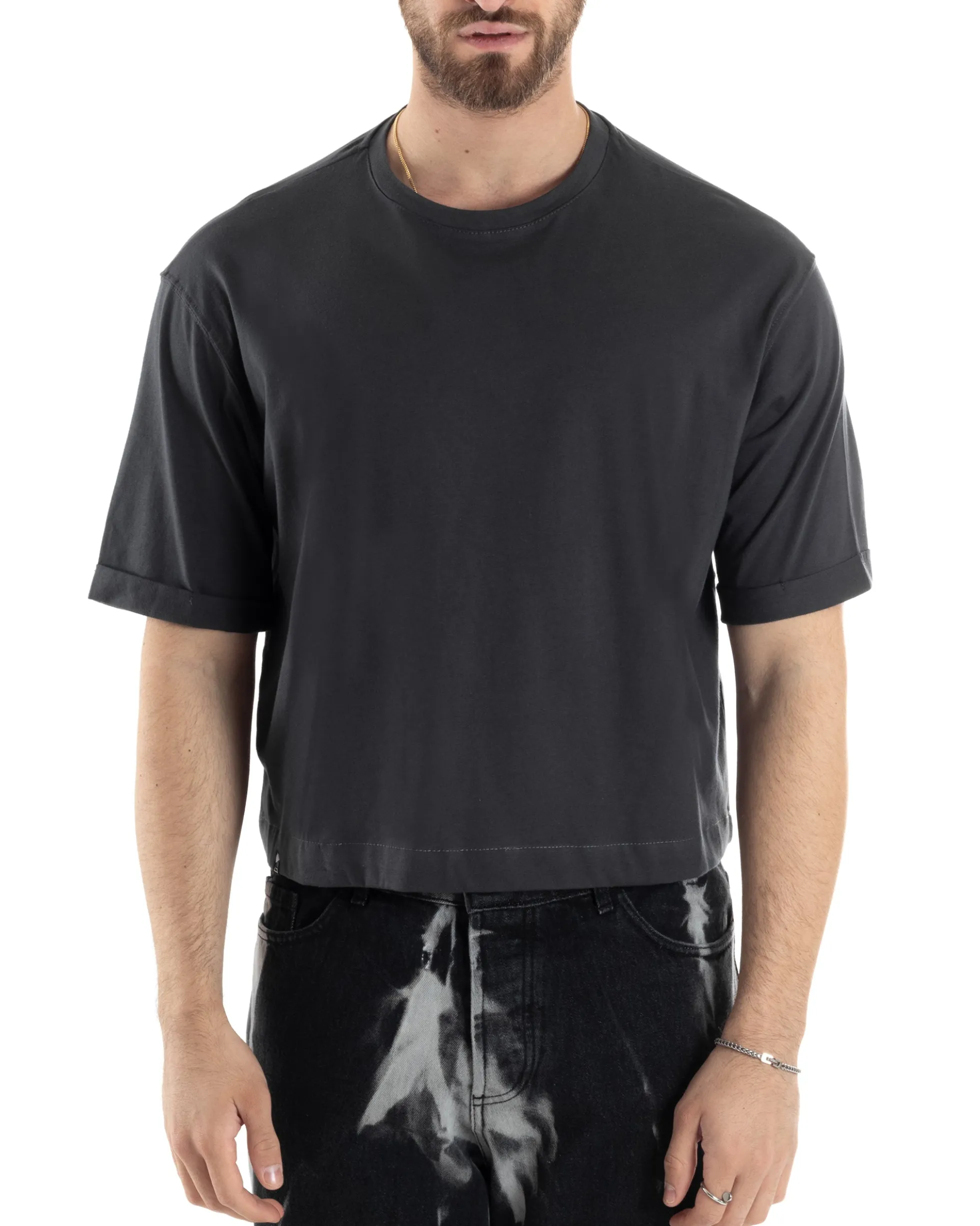 T-shirt Uomo Cropped Corta Boxy Fit Tinta Unita Piombo TS3005A