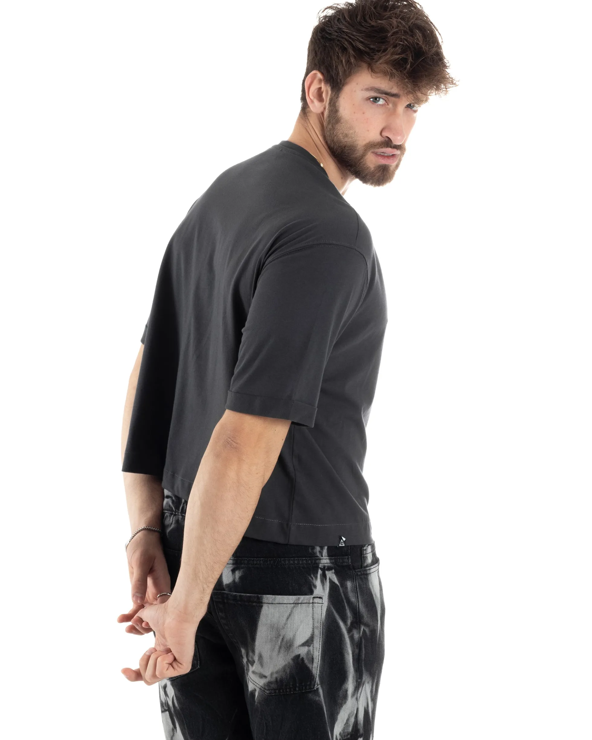 T-shirt Uomo Cropped Corta Boxy Fit Tinta Unita Piombo TS3005A