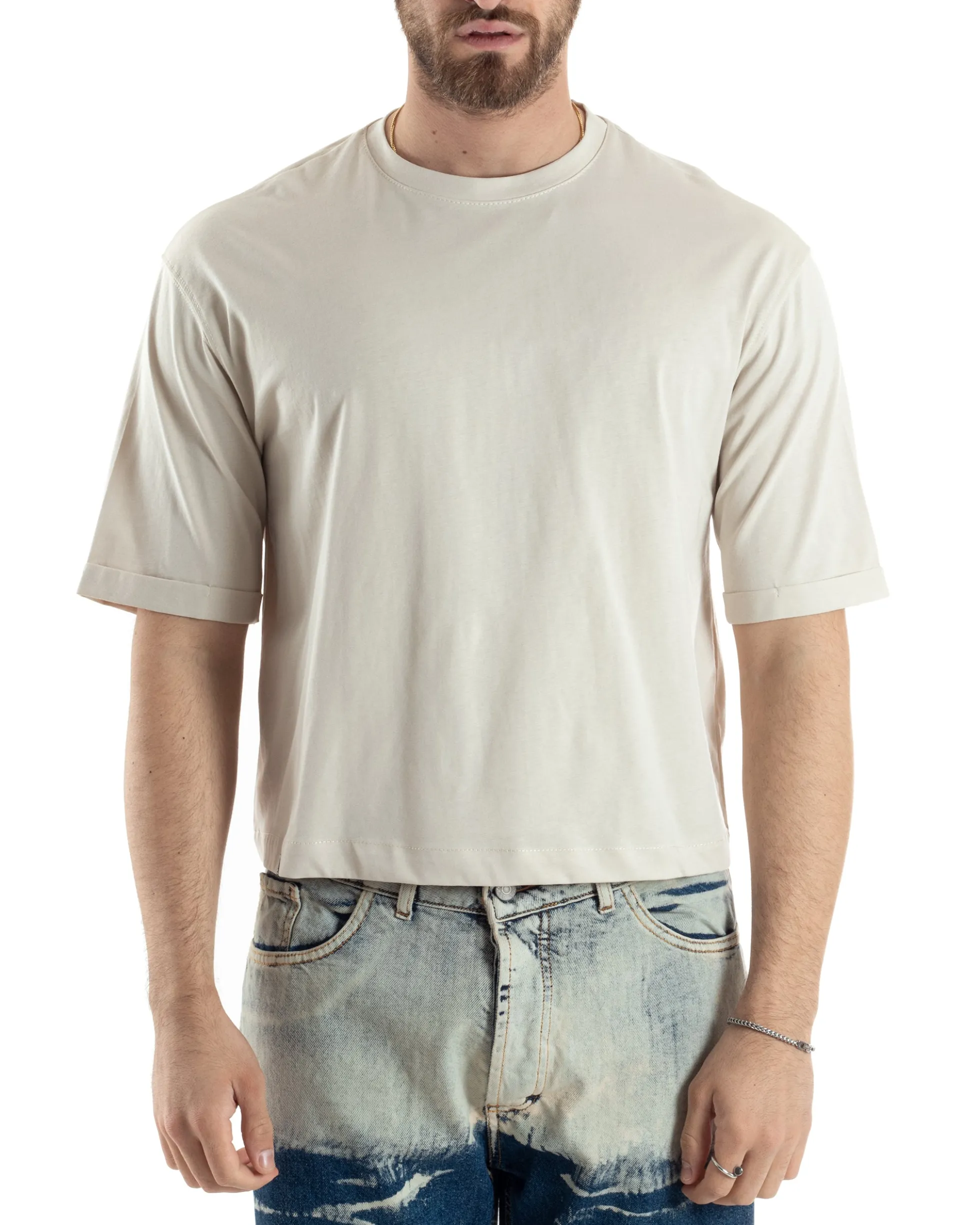 T-shirt Uomo Cropped Corta Boxy Fit Tinta Unita Beige TS3011A