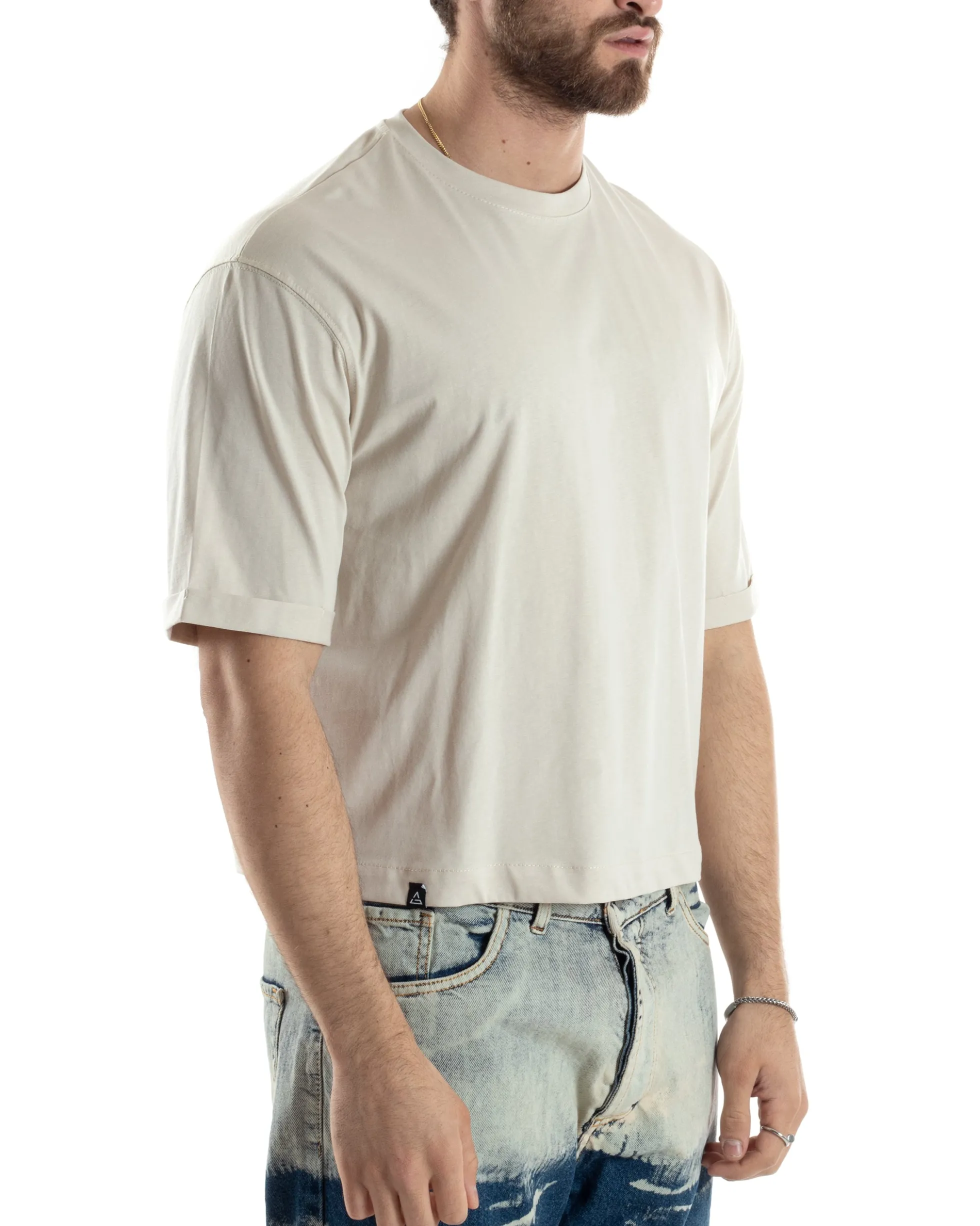 T-shirt Uomo Cropped Corta Boxy Fit Tinta Unita Beige TS3011A