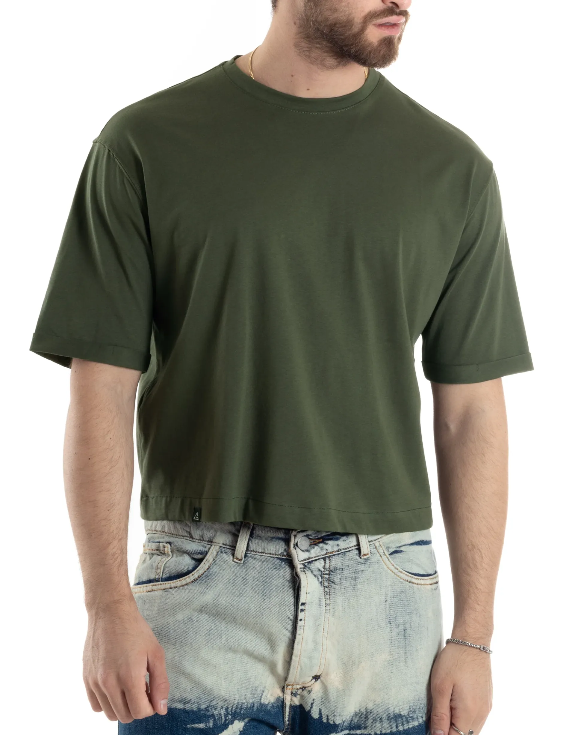 T-shirt Uomo Cropped Corta Boxy Fit Tinta Unita Verde TS3007A