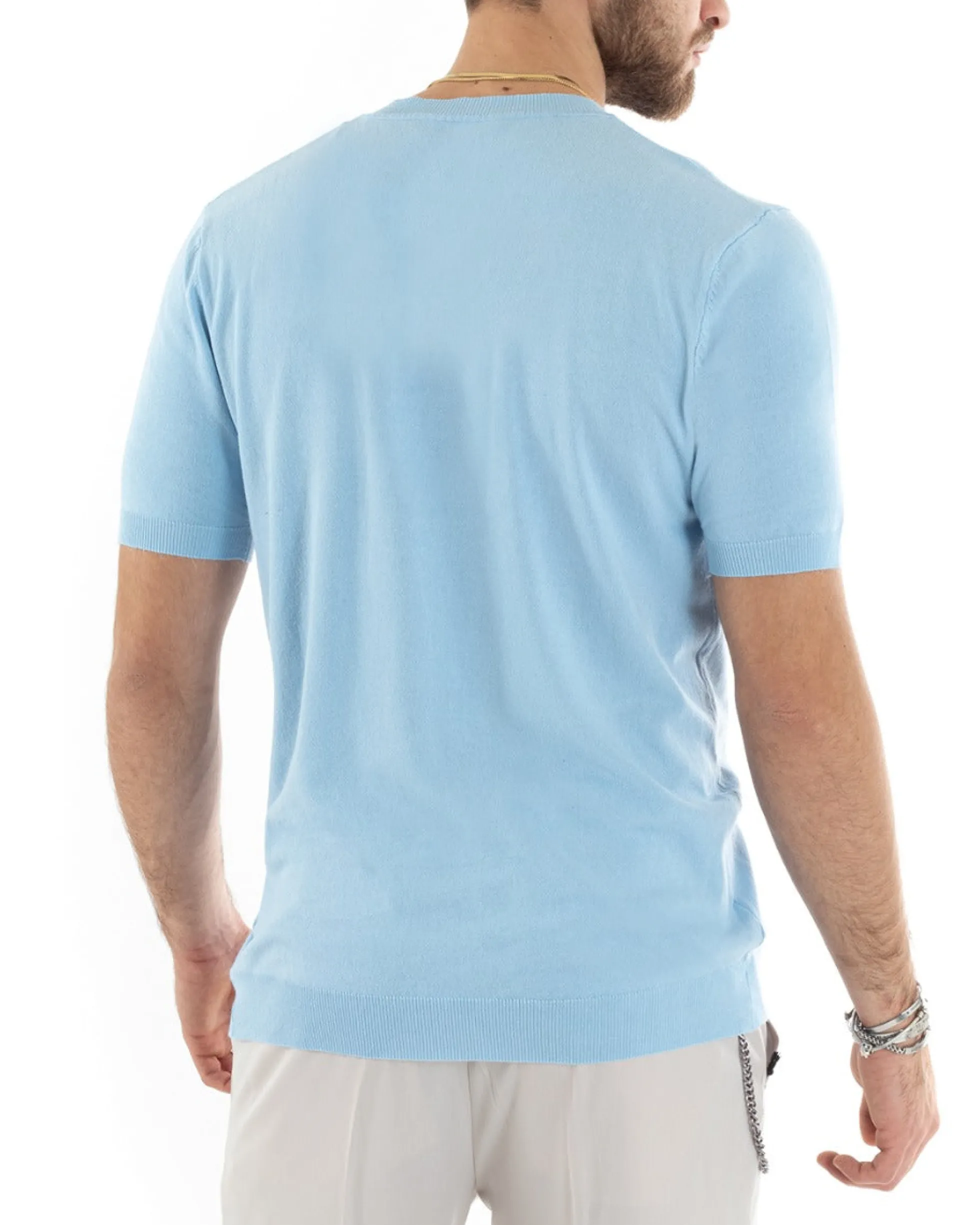 T-shirt Uomo Filo Maglia Scollo a V Celeste TS2865A