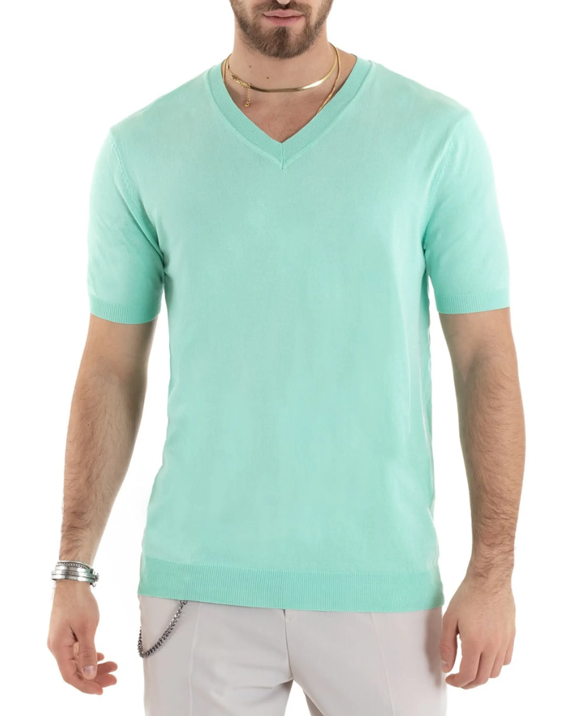 T-shirt Uomo Filo Maglia Scollo a V Verde Acqua TS2866A