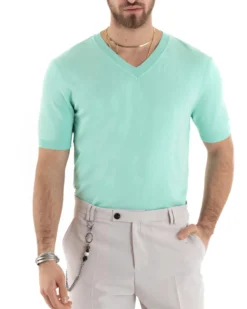 T-shirt Uomo Filo Maglia Scollo a V Verde Acqua TS2866A