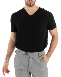T-shirt Uomo Filo Maglia Scollo a V Nero TS2869A