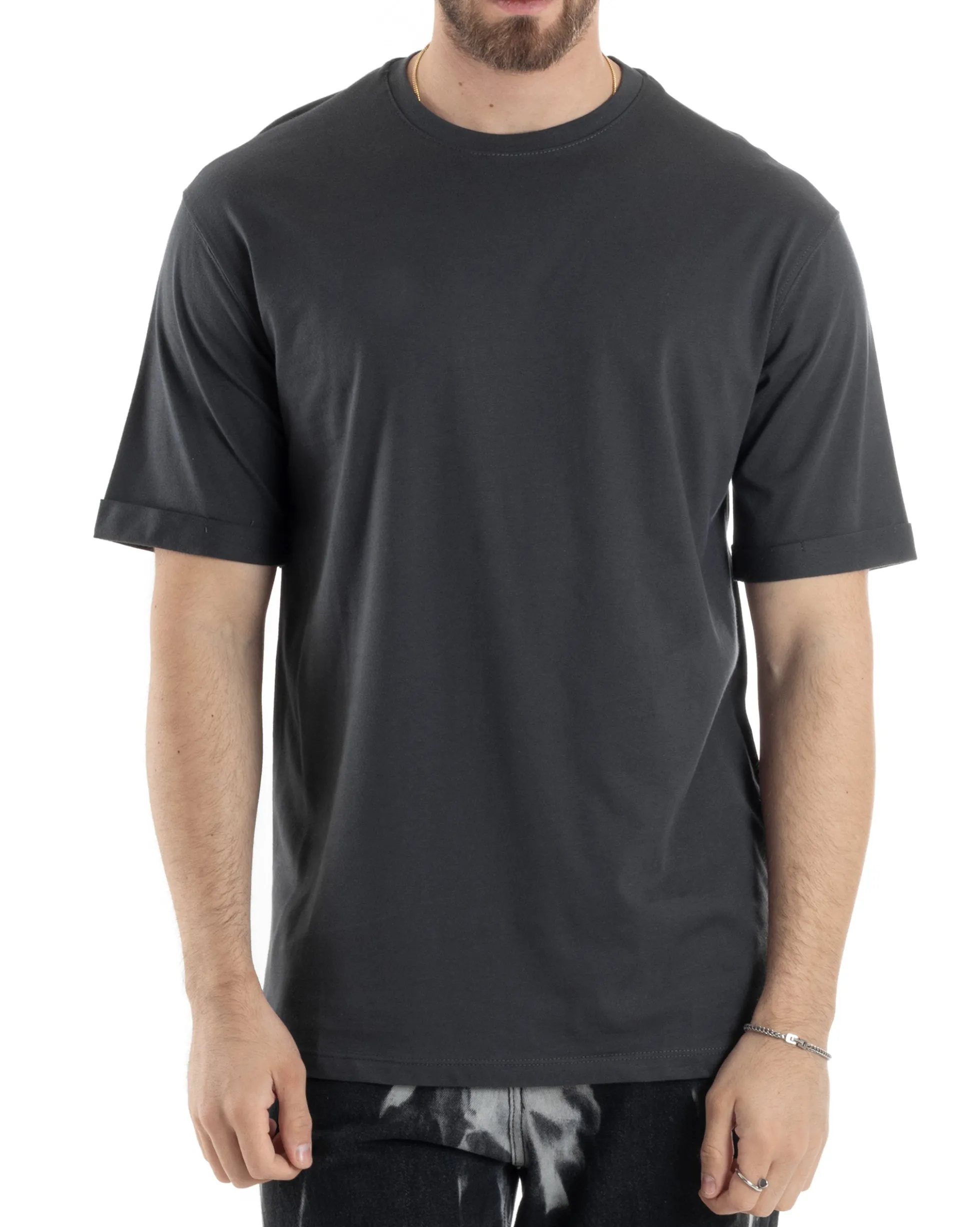 T-shirt Uomo Girocollo Basic Regular Fit Tinta Unita Piombo TS3058A