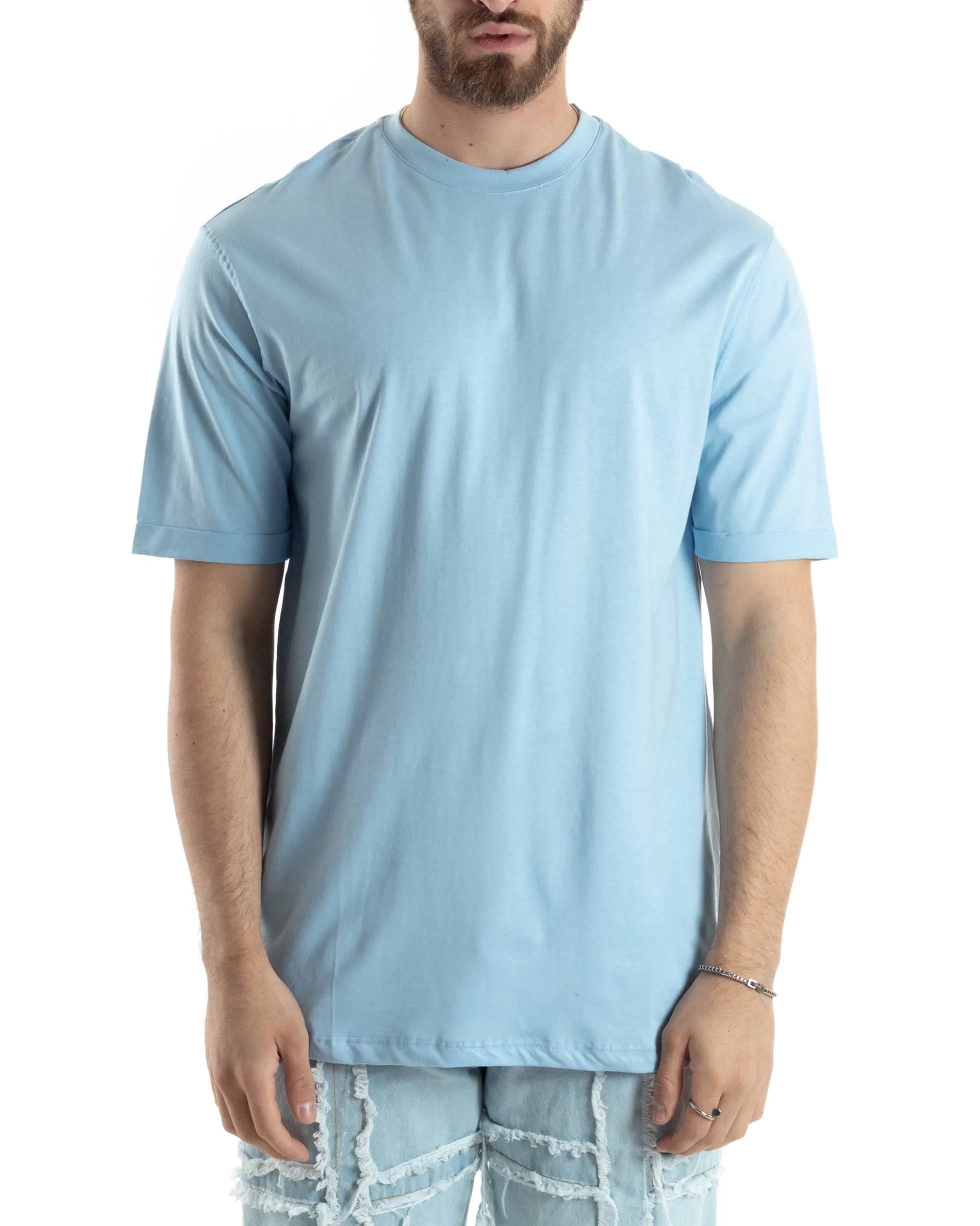 T-shirt Uomo Girocollo Basic Regular Fit Tinta Unita Celeste TS3062A