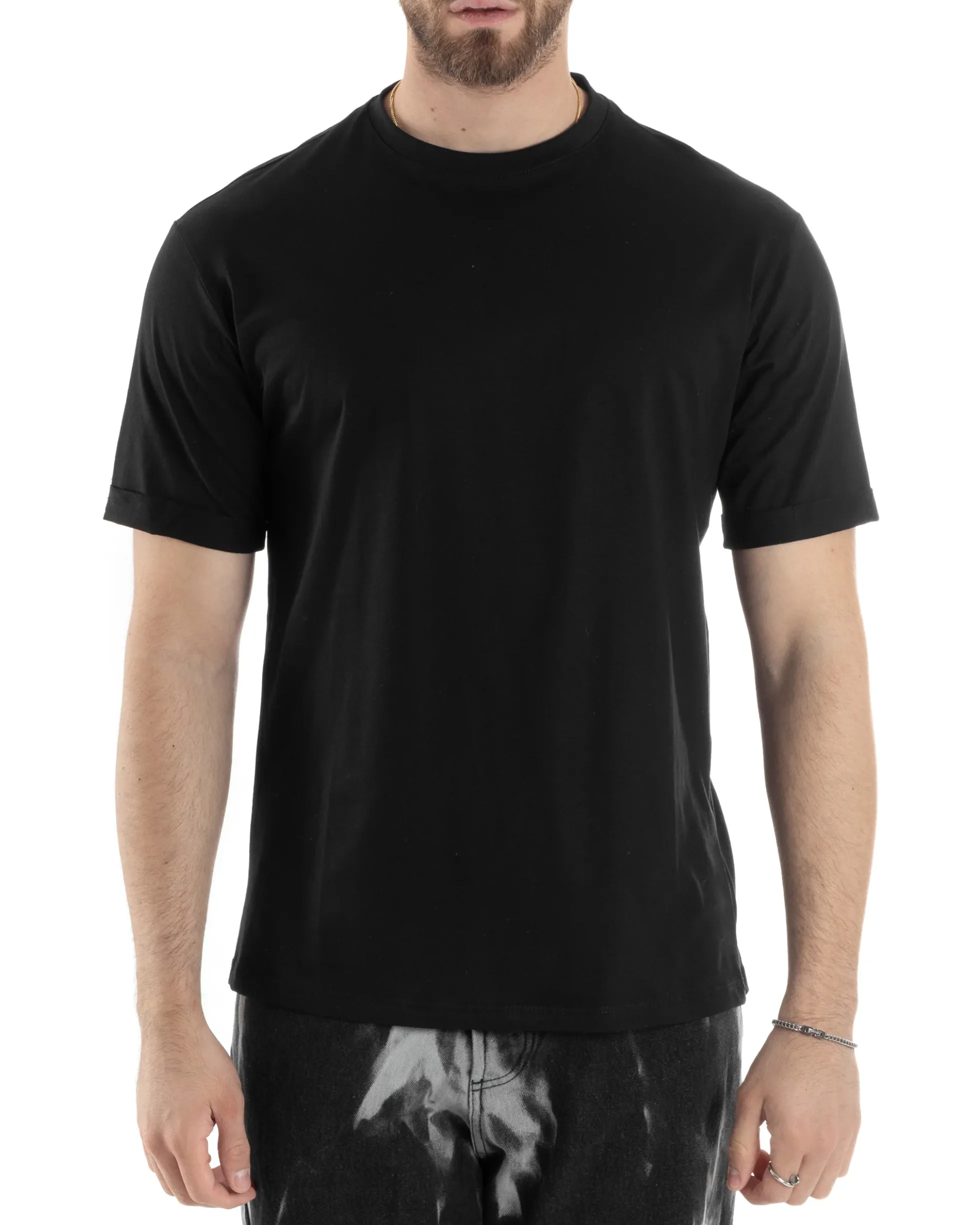 T-shirt Uomo Girocollo Basic Regular Fit Tinta Unita Nero TS3055A
