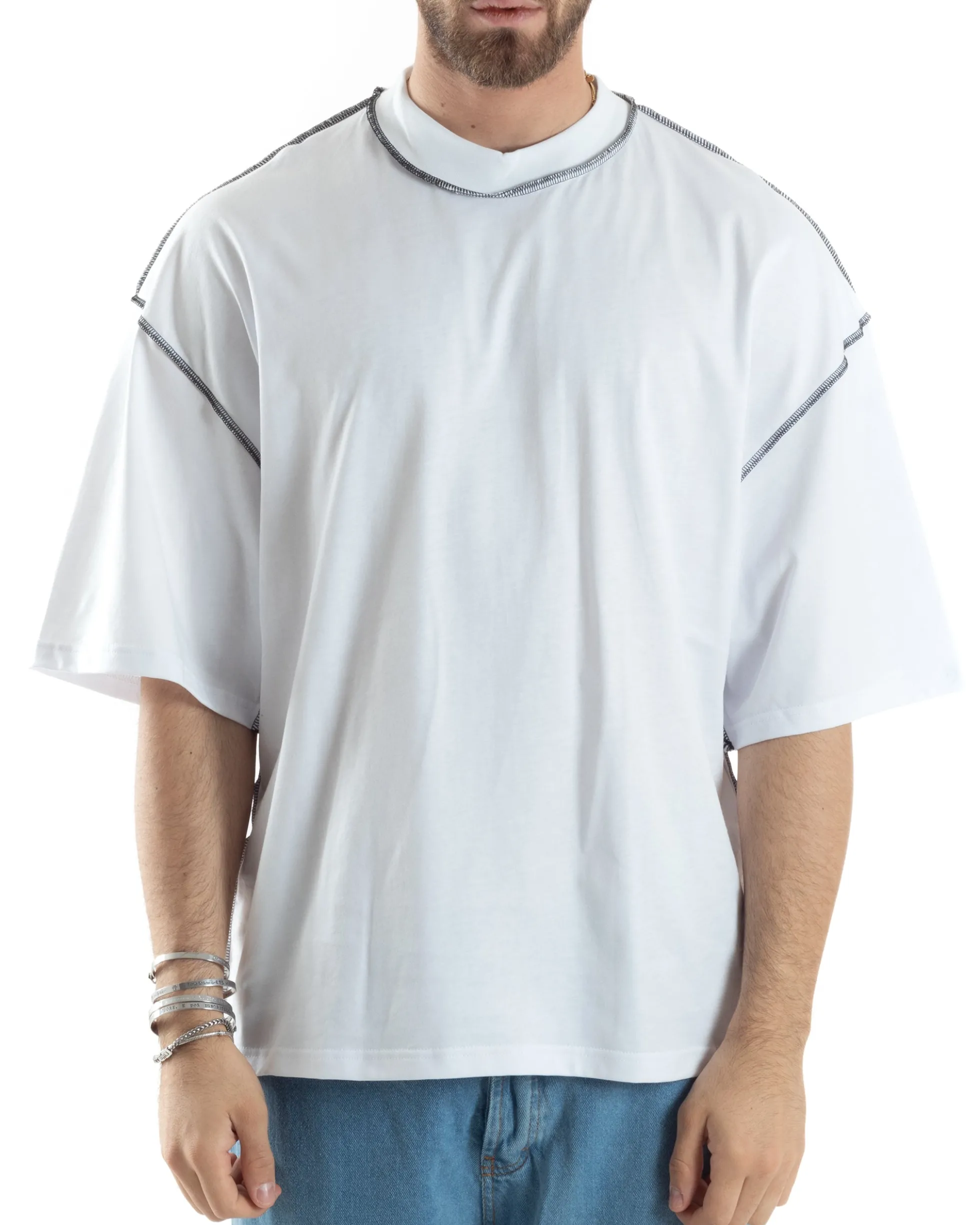 T-shirt Uomo Girocollo Boxy Fit Oversize Spalla Scesa Gola Alta Cuciture A Contrasto Cotone Bianco GIOSAL-TS3033A
