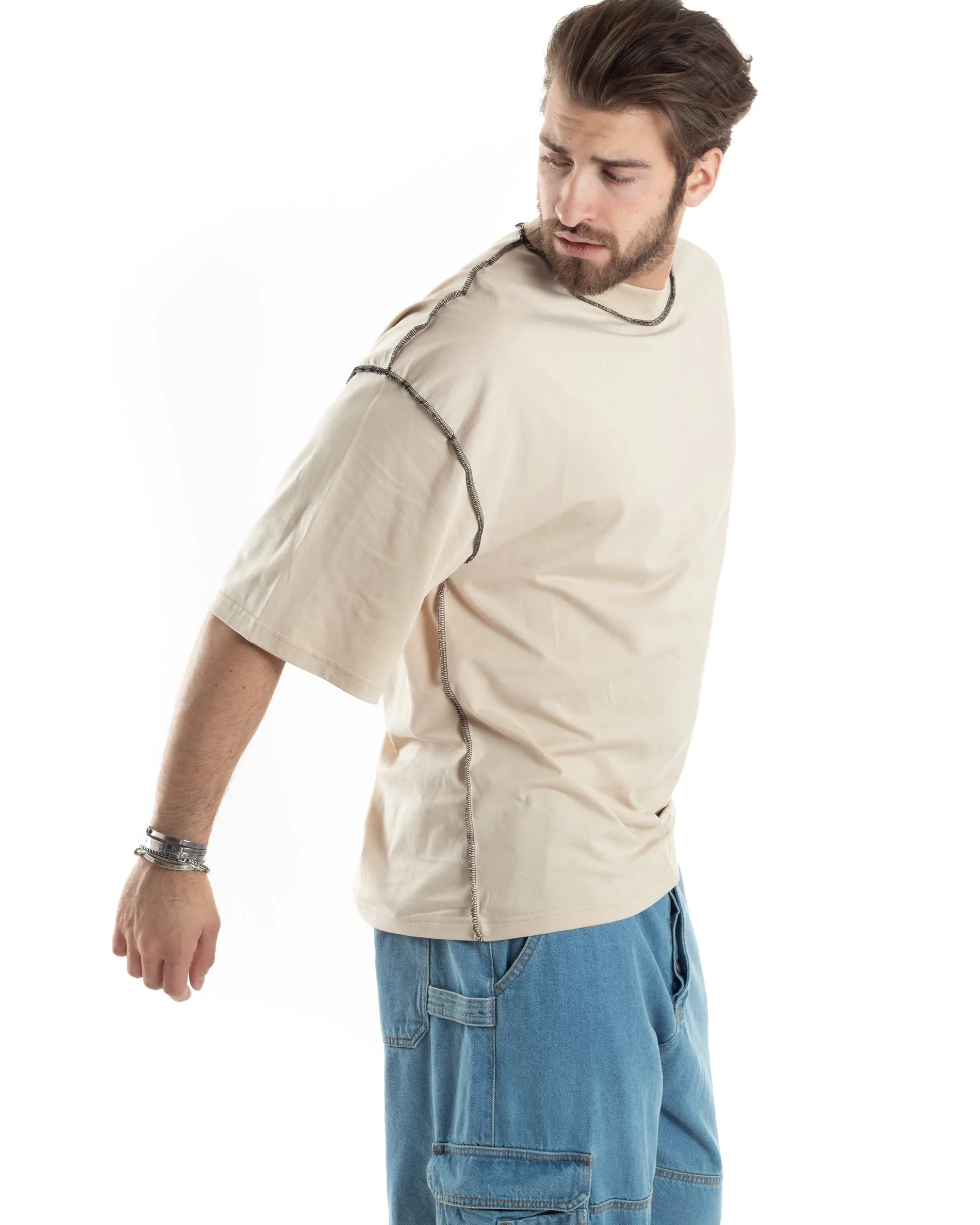 T-shirt Uomo Girocollo Boxy Fit Oversize Spalla Scesa Gola Alta Cuciture A Contrasto Cotone Beige GIOSAL-TS3034A