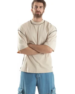 T-shirt Uomo Girocollo Boxy Fit Oversize Spalla Scesa Gola Alta Cuciture A Contrasto Cotone Beige GIOSAL-TS3034A