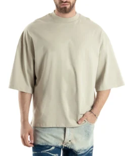 T-shirt Uomo Girocollo Boxy Fit Oversize Cotone Spalla Scesa Gola Alta Casual Basic Beige GIOSAL-TS3022A
