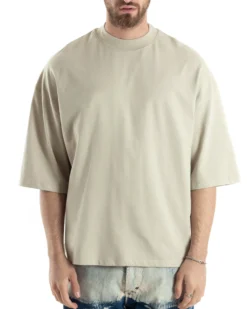 T-shirt Uomo Girocollo Boxy Fit Oversize Cotone Spalla Scesa Gola Alta Casual Basic Beige GIOSAL-TS3022A