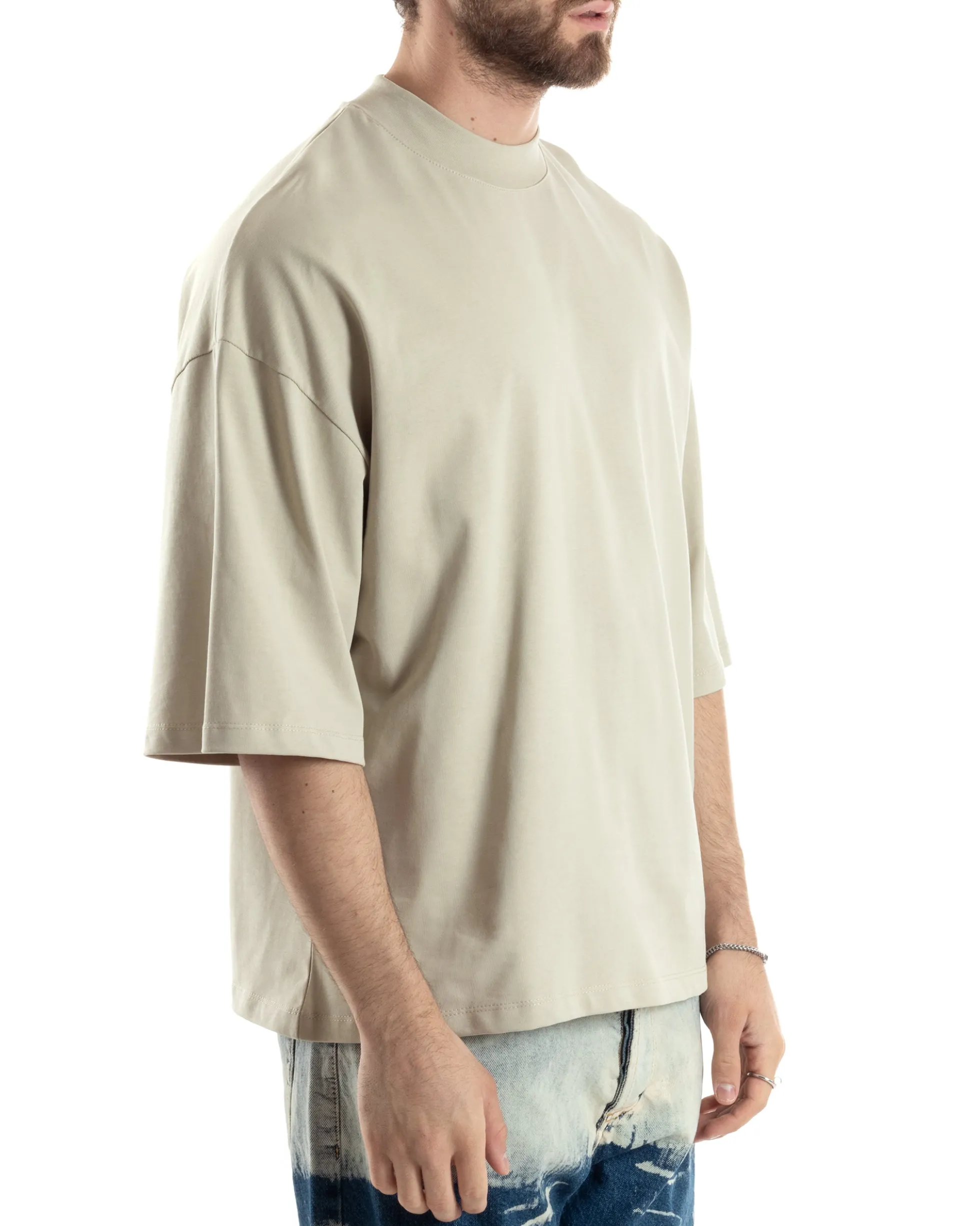 T-shirt Uomo Girocollo Boxy Fit Oversize Cotone Spalla Scesa Gola Alta Casual Basic Beige GIOSAL-TS3022A