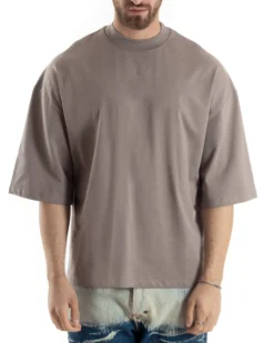 T-shirt Uomo Girocollo Boxy Fit Oversize Cotone Spalla Scesa Gola Alta Casual Basic Fango GIOSAL-TS3025A
