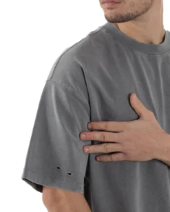 T-shirt Uomo Girocollo Con Rotture Cotone Slavato Tie Dye Maglia Basic Oversize Casual Grigio GIOSAL-TS3103A