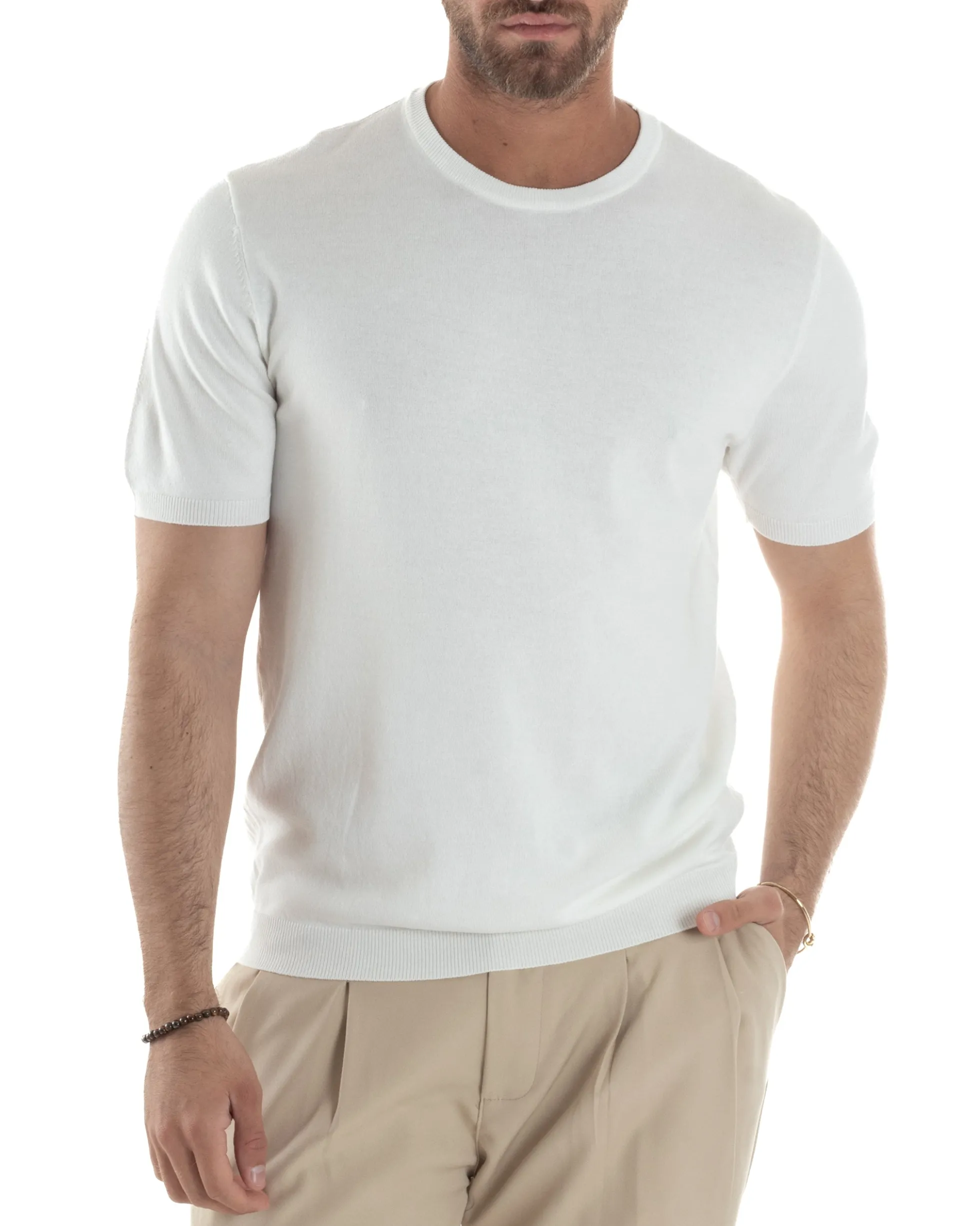 T-shirt uomo girocollo filo maglia sottogiacca casual basic tinta unita bianco GIOSAL-TS3154A