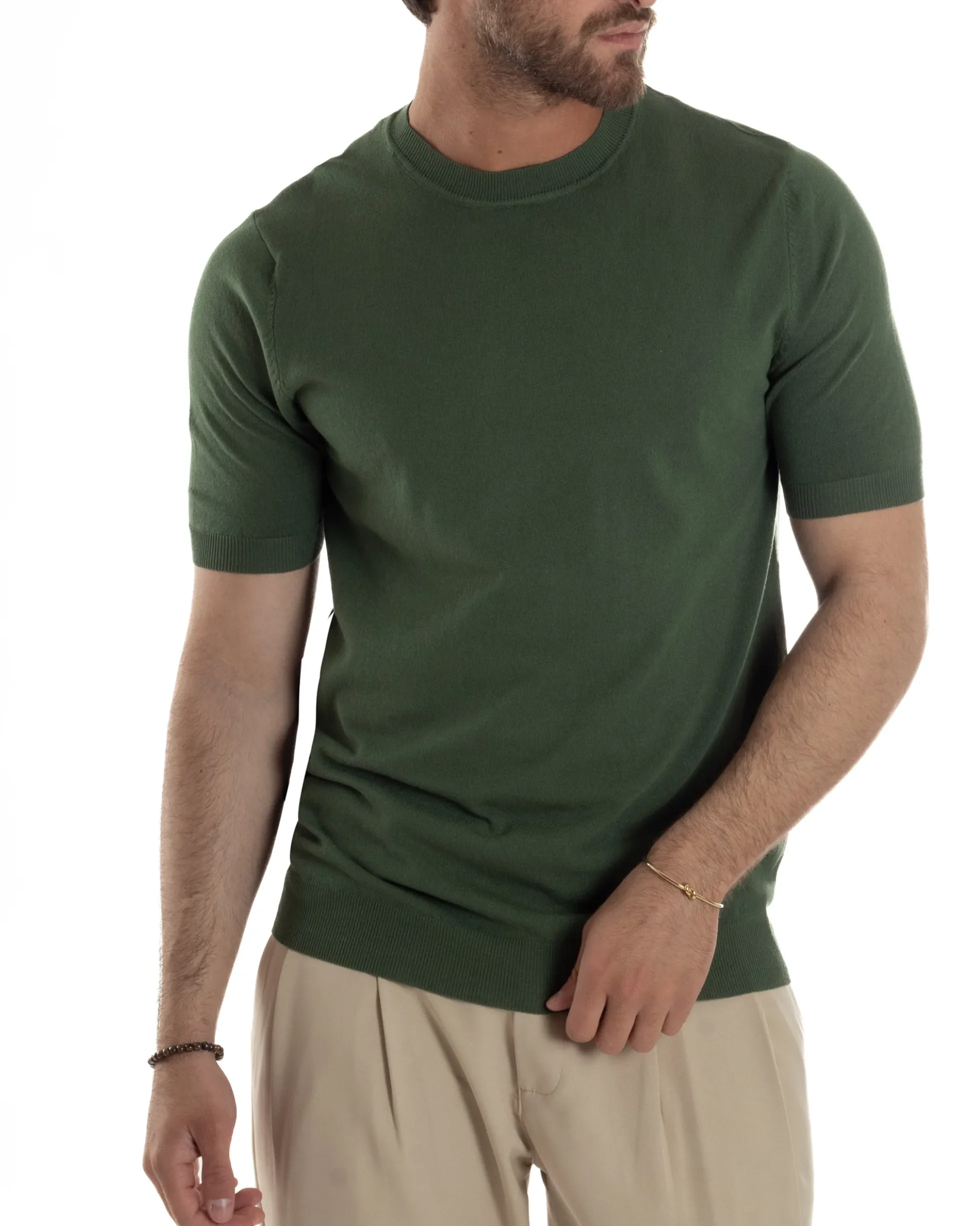 T-Shirt Uomo Girocollo Filo Maglia Sottogiacca Casual Verde Militare TS3159A