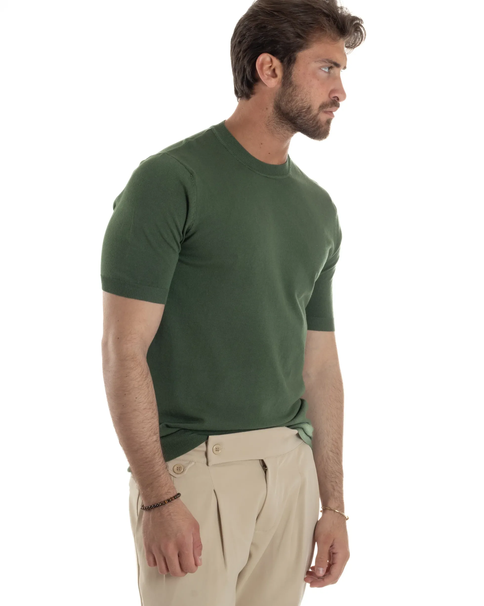 T-Shirt Uomo Girocollo Filo Maglia Sottogiacca Casual Verde Militare TS3159A