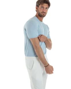 T-Shirt Uomo Girocollo Filo Maglia Sottogiacca Casual Celeste TS3151A