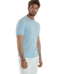 T-Shirt Uomo Girocollo Filo Maglia Sottogiacca Casual Celeste TS3151A