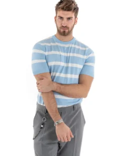 T-shirt Uomo Girocollo Filo Rigata Maniche Corte Bicolore Casual Celeste GIOSAL-TS2862A