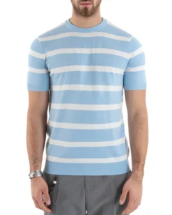 T-shirt Uomo Girocollo Filo Rigata Maniche Corte Bicolore Casual Celeste GIOSAL-TS2862A