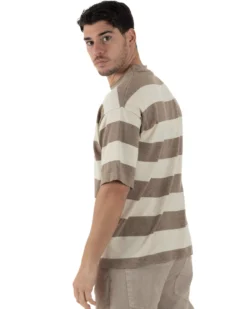 T-shirt Uomo Girocollo In Maglina Maglia Maniche Corte Oversize Spalle Scese Rigata Bicolore Beige GIOSAL-TS3095A