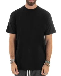 T-shirt Uomo Girocollo Mezze Maniche Cotone Premium Maglia Basic Casual Tinta Unita Nero GIOSAL-TS3082A
