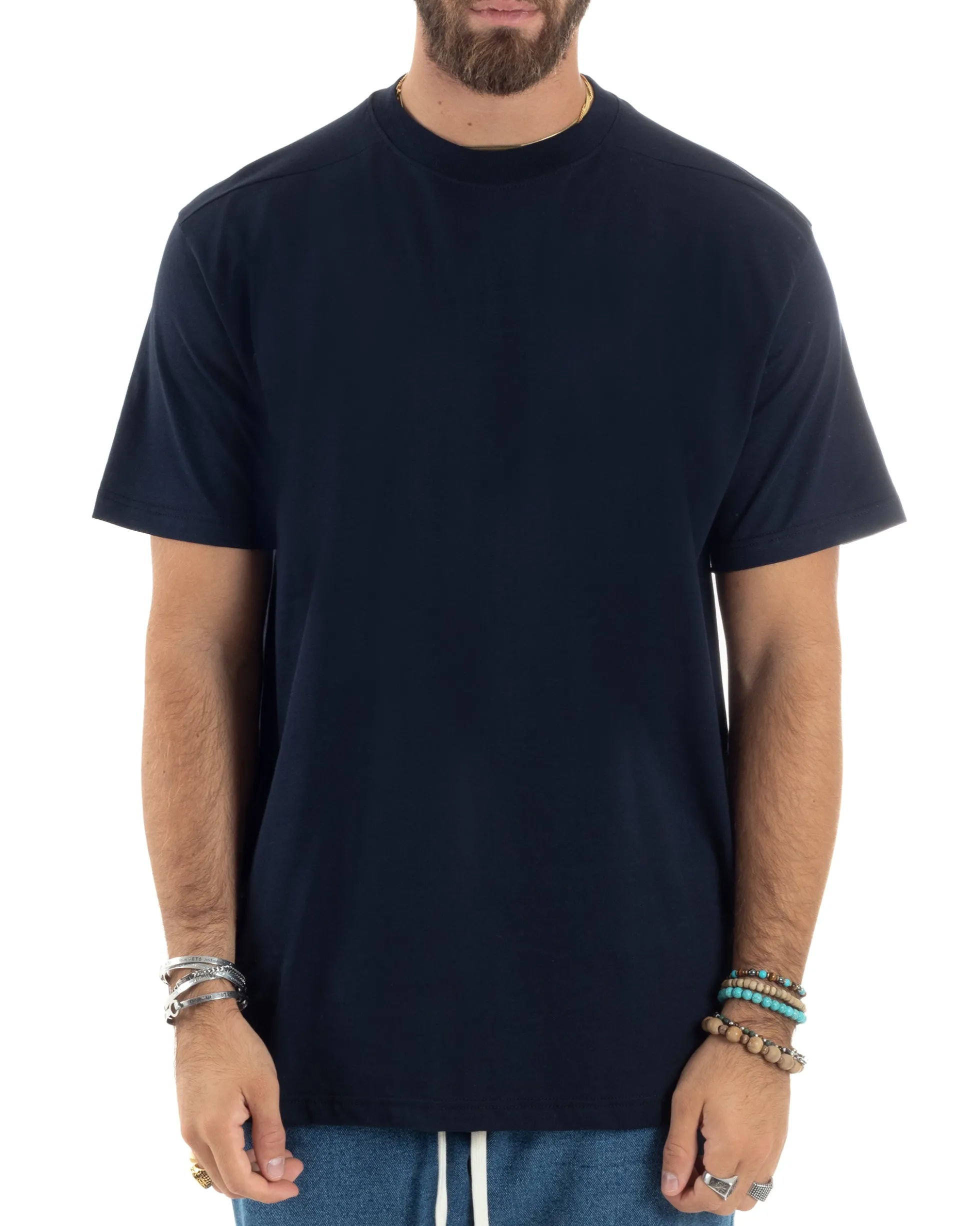 T-shirt Uomo Girocollo Mezze Maniche Cotone Premium Maglia Basic Casual Tinta Unita Blu GIOSAL-TS3084A