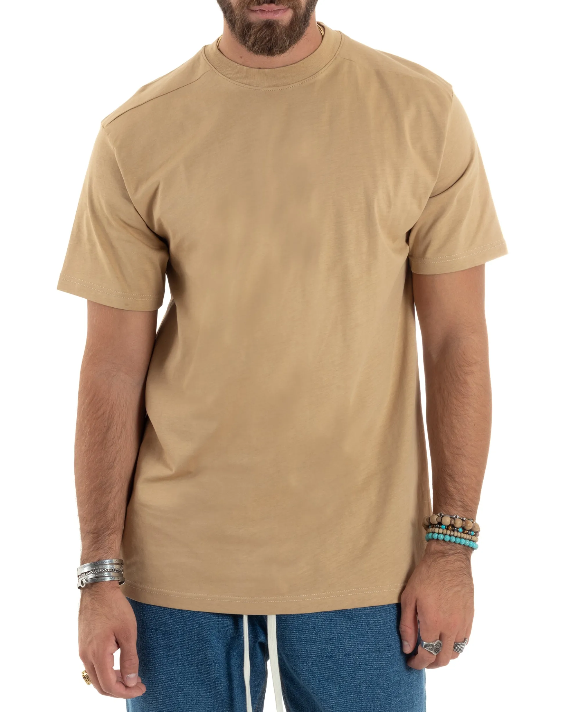 T-shirt Uomo Girocollo Mezze Maniche Cotone Premium Maglia Basic Casual Tinta Unita Beige GIOSAL-TS3083A