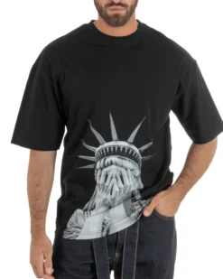 T-shirt uomo girocollo oversize streetwear con stampa nero GIOSAL-TS3308A