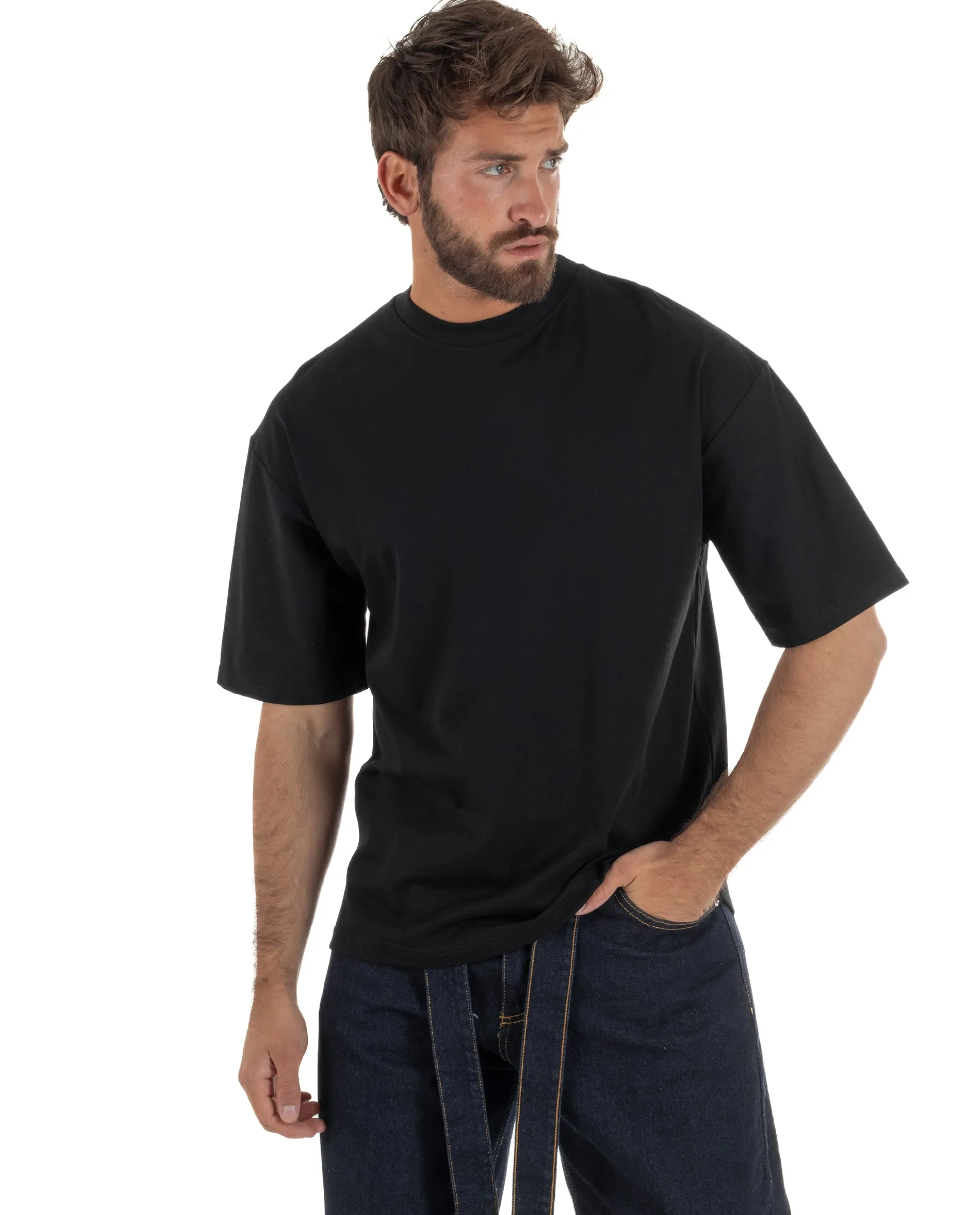 T-shirt uomo girocollo oversize streetwear stampa nero GIOSAL-TS3297A