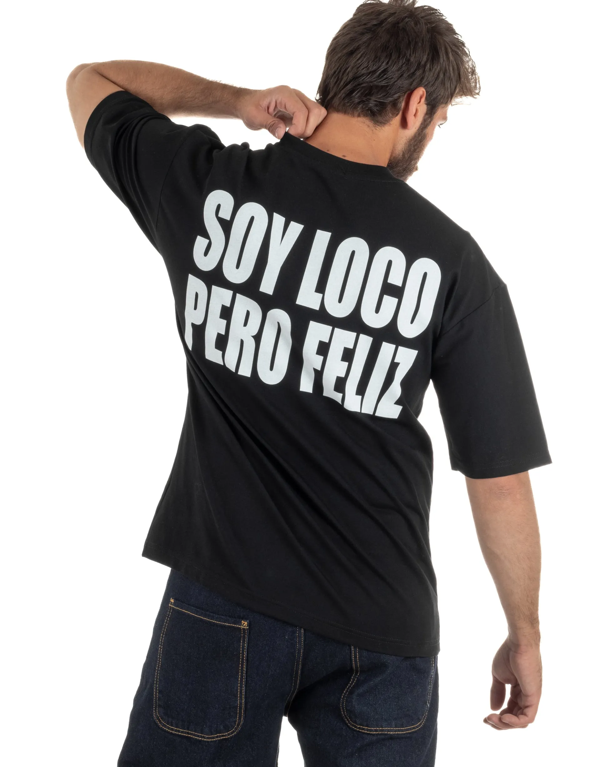 T-shirt uomo girocollo oversize streetwear stampa nero GIOSAL-TS3297A