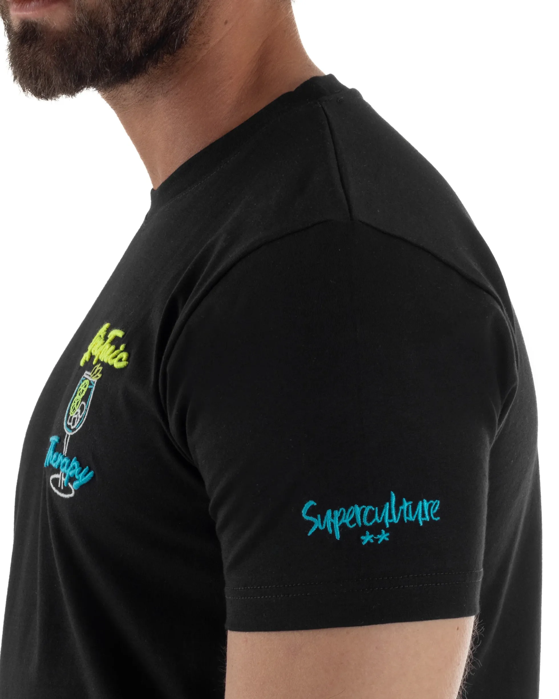T-shirt uomo girocollo ricamo stampa gin tonic basic nero SUPERCULTURE-A1839